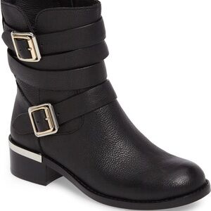 Vince Camuto Webey Black Leather Moto Buckle Boots